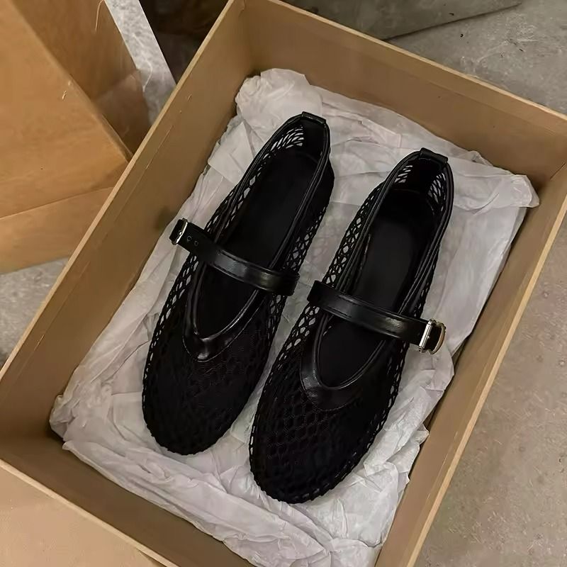 Cut Out Mary Jane Flats Women Round Toe Breathable Fishnet Summer Shoes