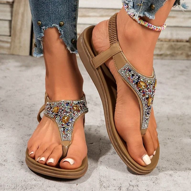 Fashion Rhinestone Bohemian Clip Toe Flats Elastic Band Sandals