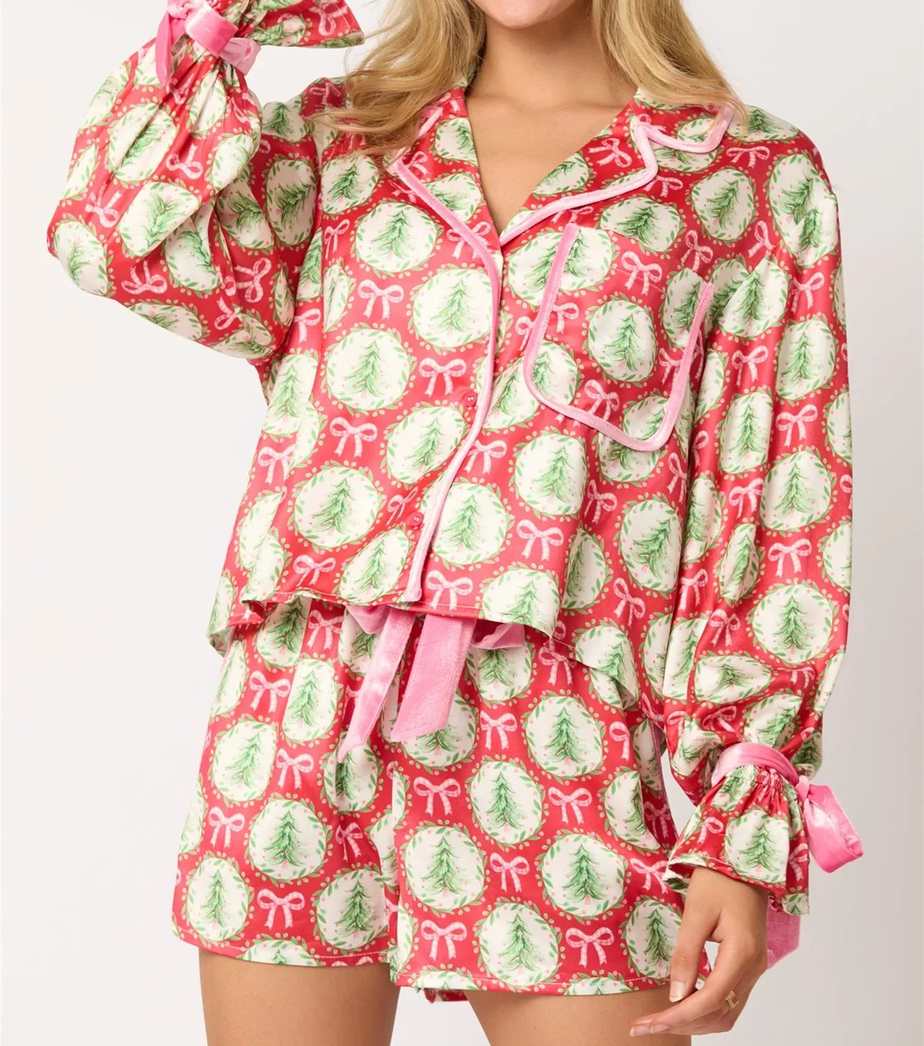 Women Christmas Satin Pajama Set with Long Sleeve Top and Shorts