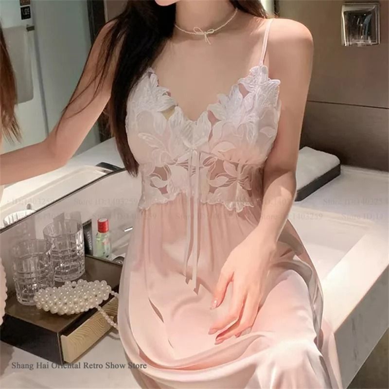 Elegant Female Ice Silk Robe Set – Professional Hollow-Out Lace Nightdress & Silky Loungewear Lingerie