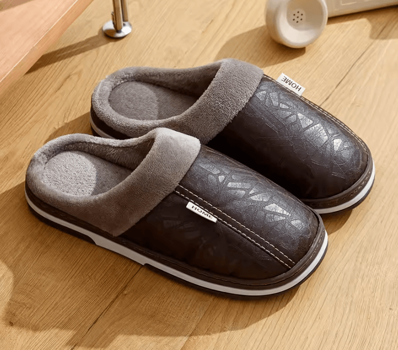 Mens Winter Slippers with PU Leather Waterproof Upper and Warm Fur Lining
