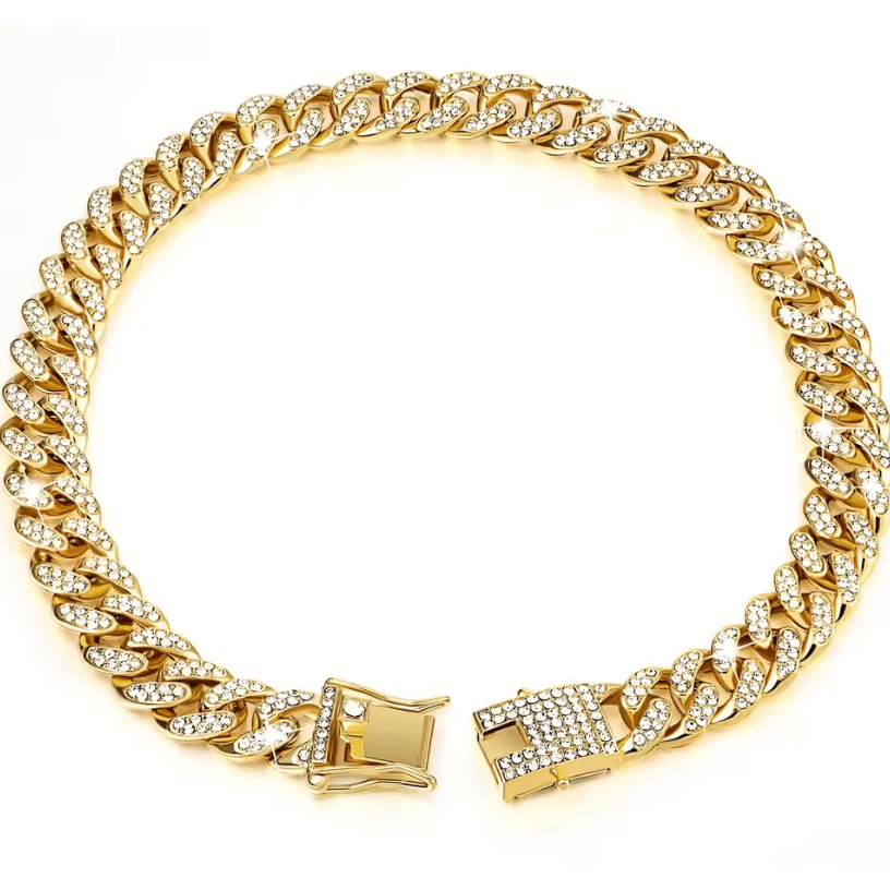 Dog Cuban Chain Collar – Stylish Metal Pet Collar with Diamond Design and Secure Buckle