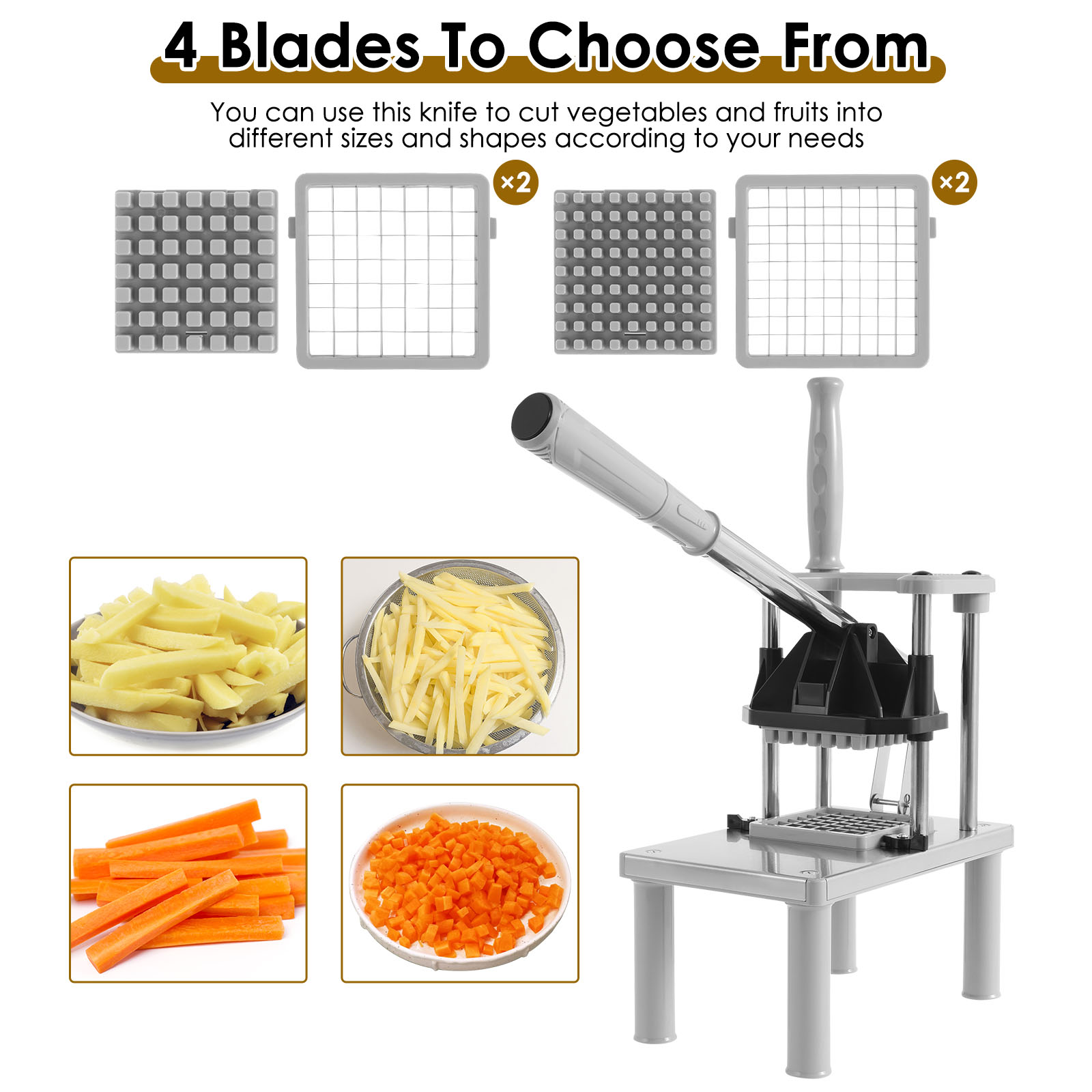 Stainless Steel French Fry Cutter & Vegetable Chopper with Replacement Blades