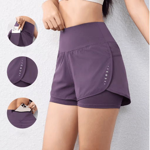 Womens Quick-Drying Running Shorts Double Layer Athletic Yoga Shorts with Pockets