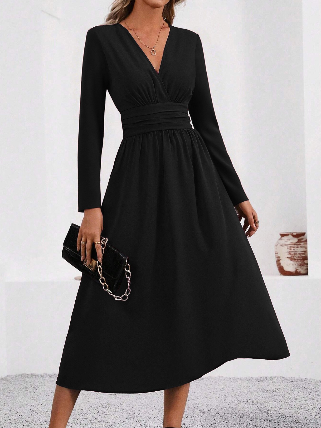 Waist Shirring Bodycon Long Maxi Dress with Fall Winter Overlap V-Neck Design