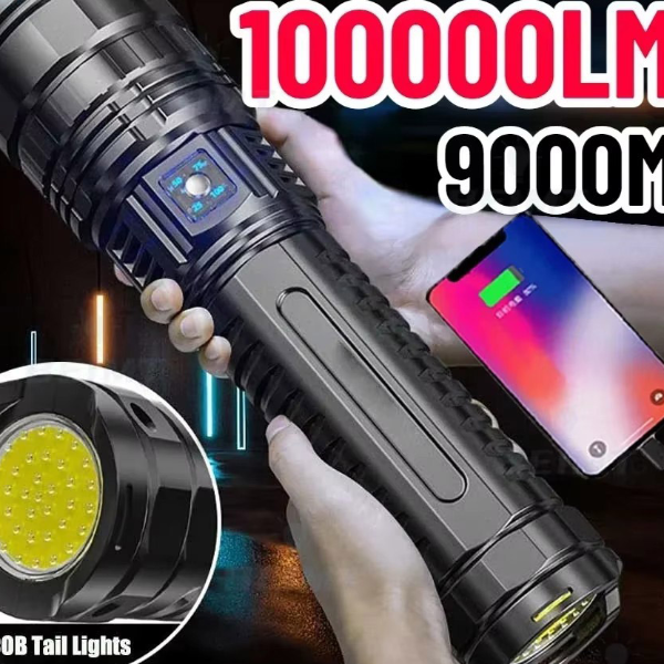 Ultra Bright LED Tactical Flashlight with Built-in Battery Powerful Emergency Camping Torch & Tail Light