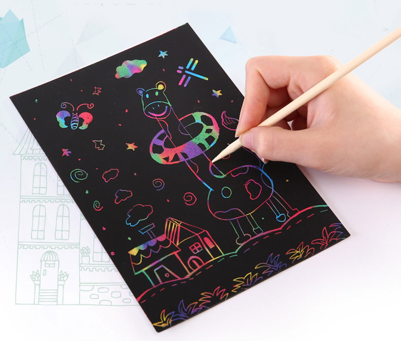 DIY Art Magic Color Rainbow Scratch Card Set with Graffiti Stencil for Kids Painting Craft