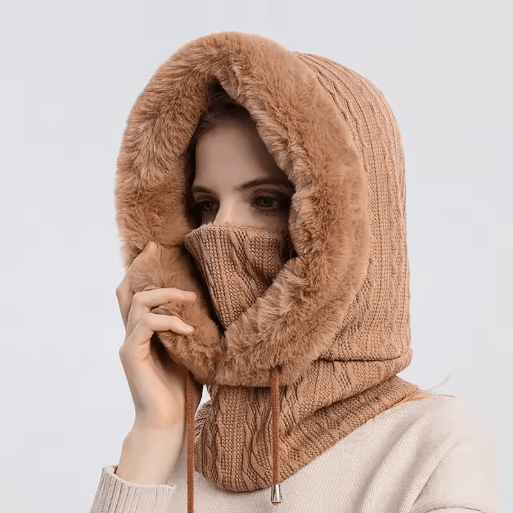 Women Winter Hooded Balaclava Hat with Neck Warmer Knitted Plush Windproof Cap