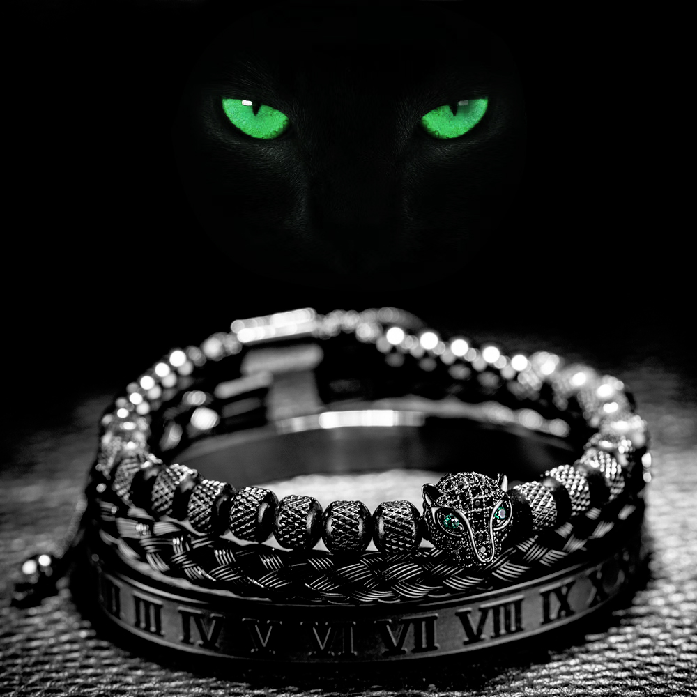 Handmade Braiding Bracelet Set, Hip Hop Men's CZ Leopard Head & Roman Numeral Stainless Steel Jewelry