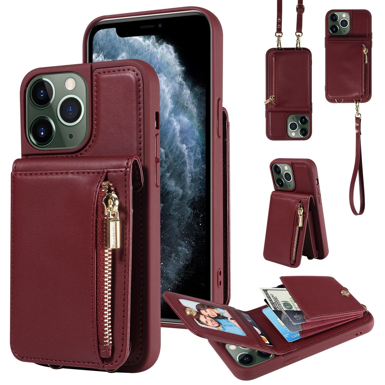 Leather Crossbody iPhone Wallet Case with Zipper Pocket & Lanyard Strap