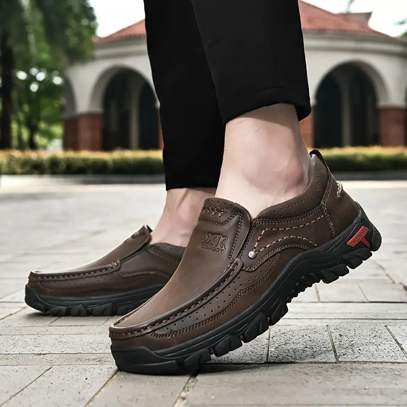 Casual Handmade Leather Men Shoes, Outdoor Slip On Moccasins Flats Walking Shoes Non-Slip