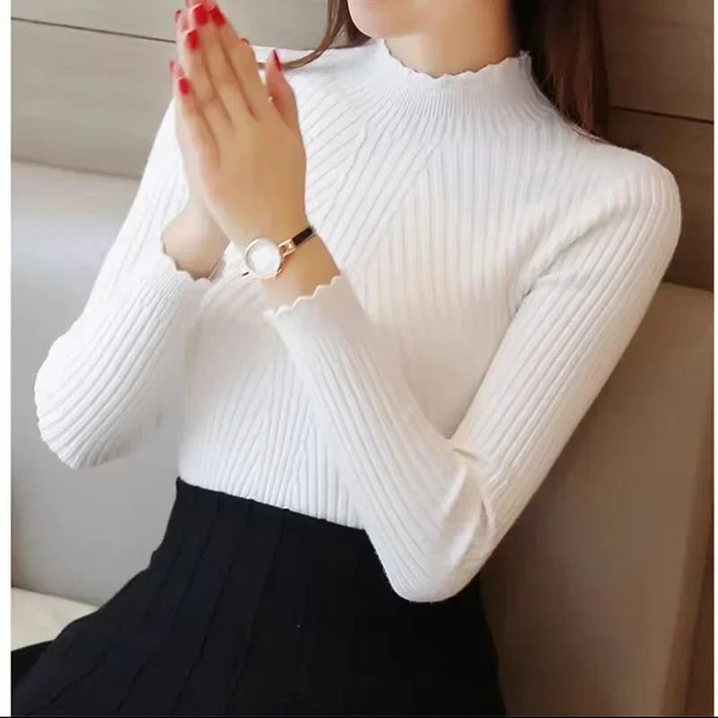 Women Mock Neck Ruffle Sweater Long Sleeve Knit Pullover