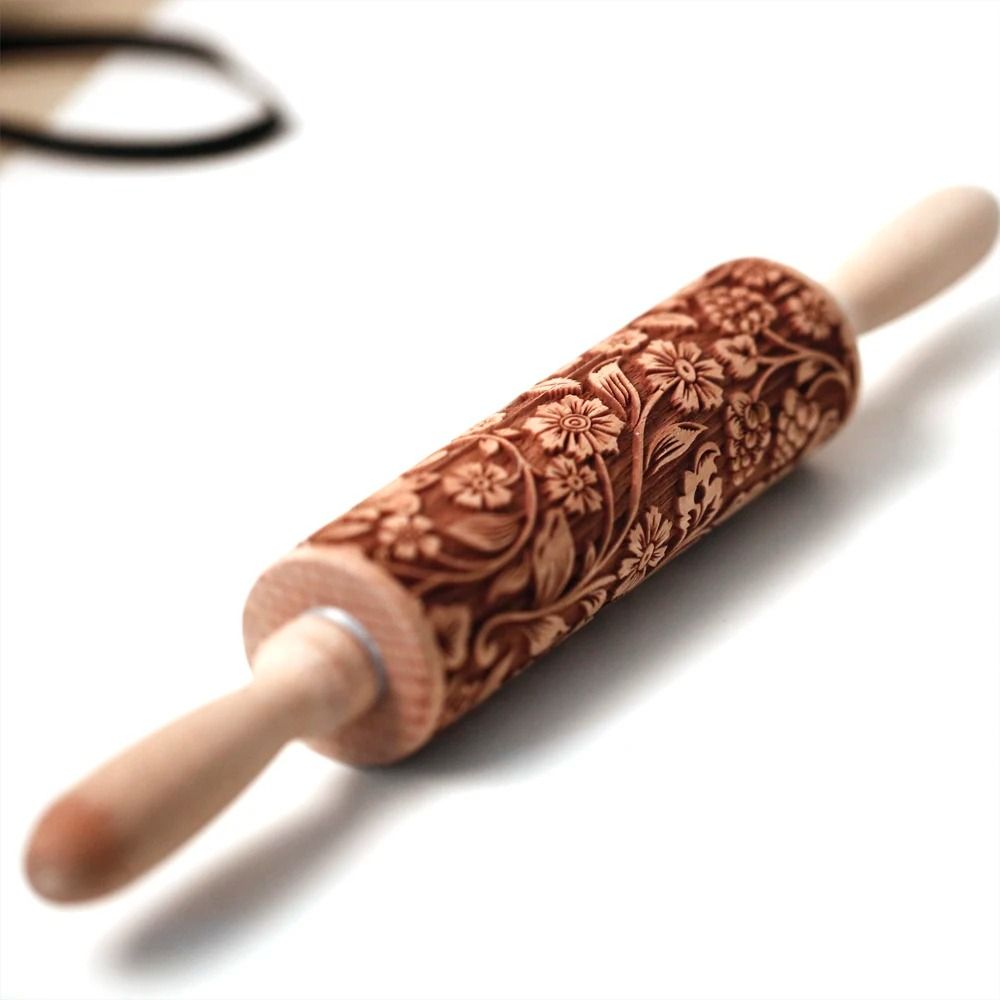 European Retro Flower Embossed Wooden Rolling Pin 13.78 Inch Beech Wood Cookie Roller