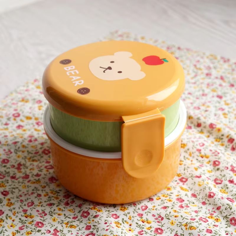 18.26 fl oz Cute Animal Double Layer Bento Lunch Box Round Kids Snack & Fruit Container