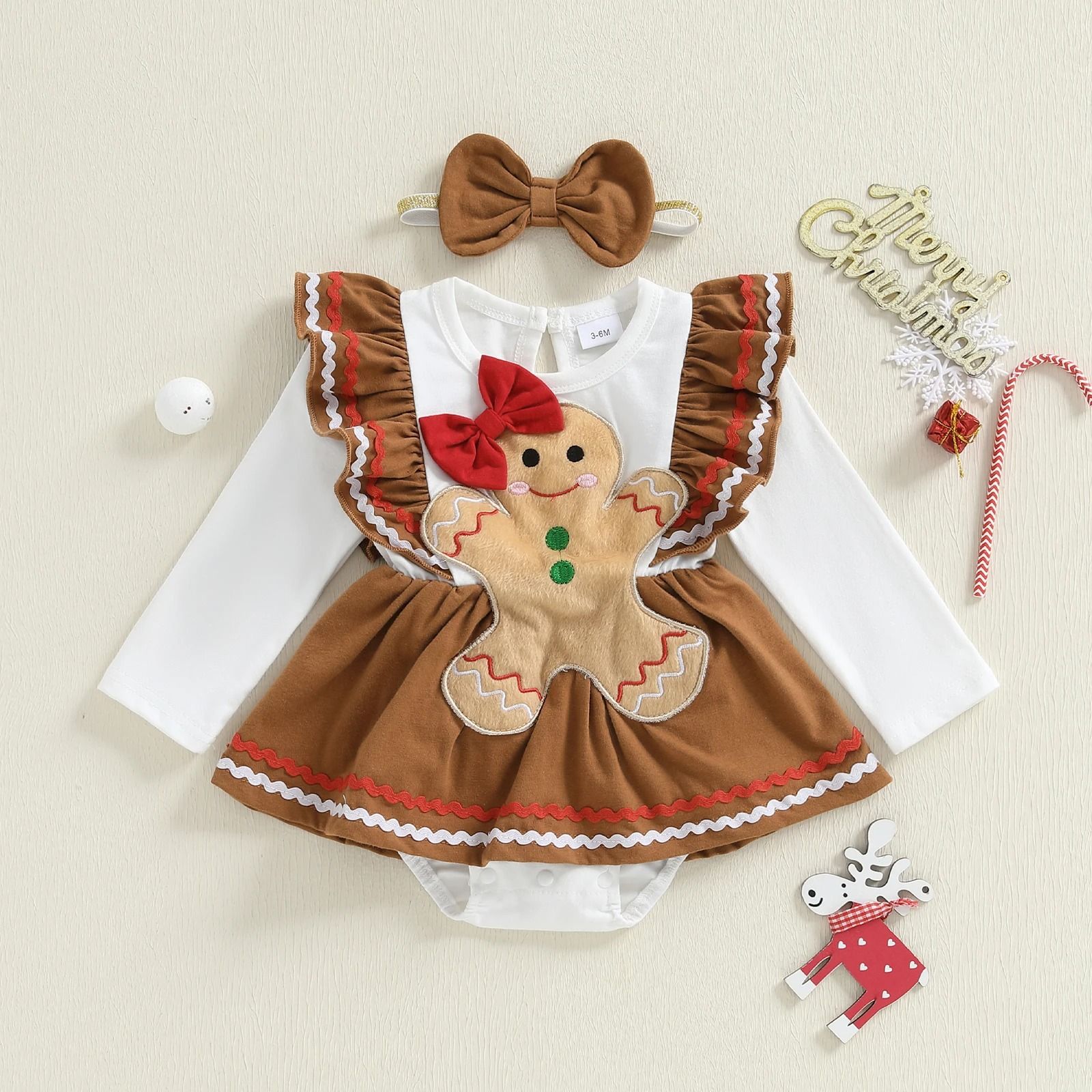 Infant Girl Christmas Gingerbread Man Romper | Premium Long Sleeve Dress & Bow Headband Newborn Set