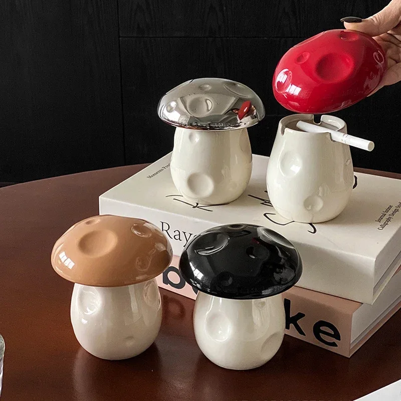 Mushroom Ceramic Ashtray with Lid Cute Decorative Smokeless Ash Holder