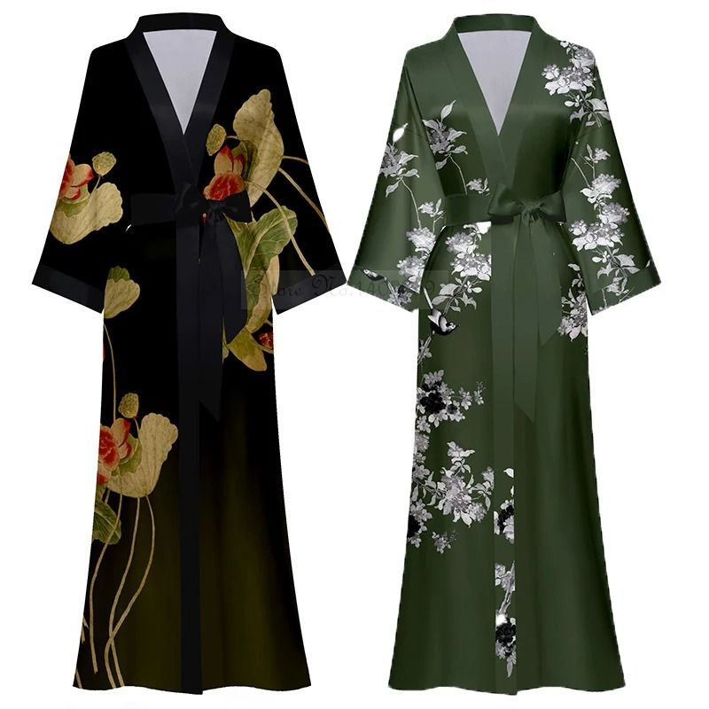 New Spring Summer Female Long Robe Set – Sexy Flower Print Kimono & Silk Satin Casual Lounge Wear