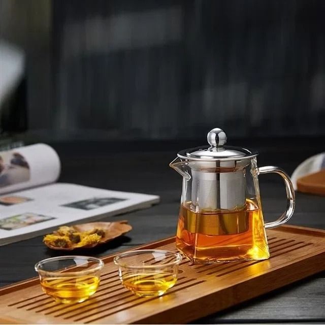 Heat Resistant Glass Teapot with Stainless Steel Infuser – Clear Square Tea Kettle for Loose Leaf Tea or Coffee Brewing