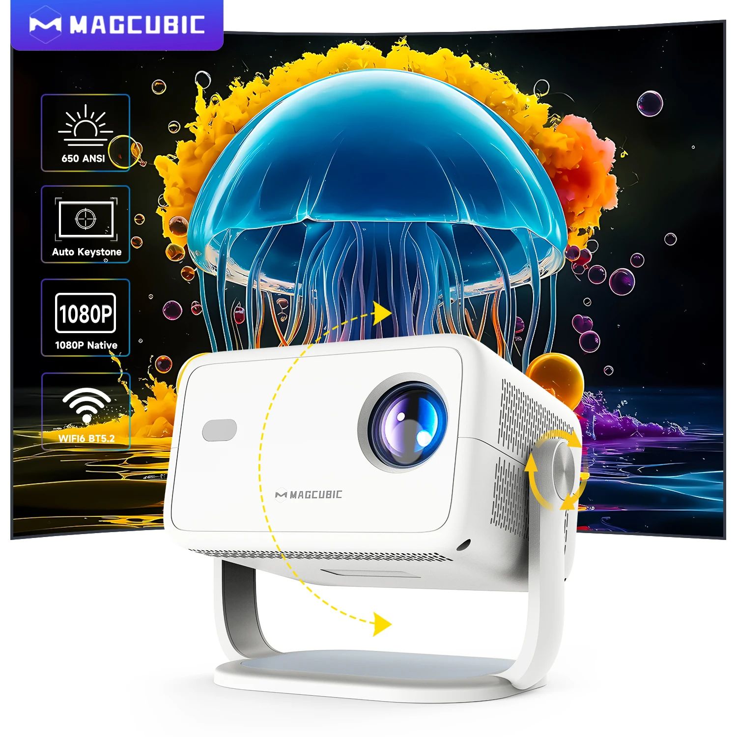 Magcubic Native 360° Projector With Auto Keystone & Focus Air Mouse, Portable Outdoor Android Cinematic Experience