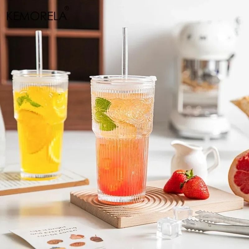 Floral Glass Tumbler – High-Performance 600ML Drinking Cup with Lid & Straw