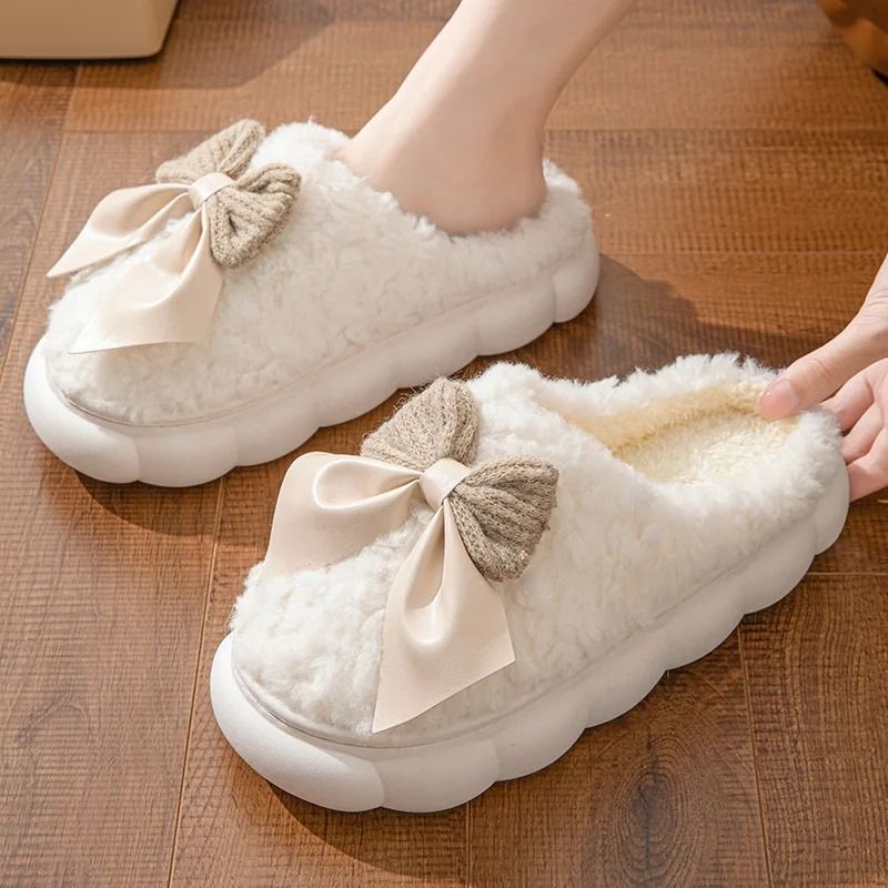 Women Winter Warm Plush Slippers with Bow