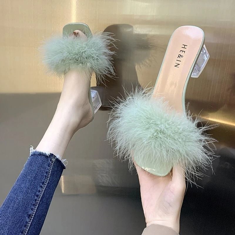 Sexy Faux Fox Fur Square Toe Pumps – Elegant Chunky Heel Summer Slippers