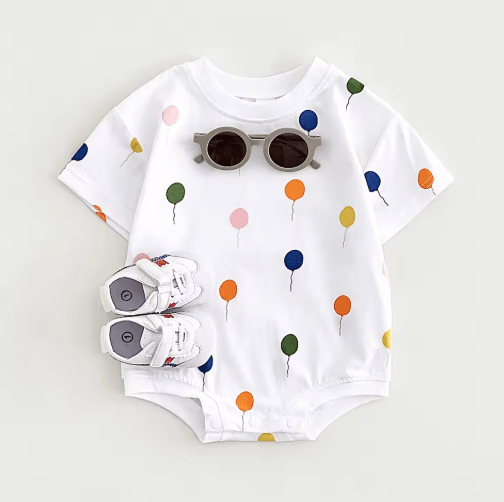 Balloon Print Baby Summer Romper – Soft cotton infant bodysuit
