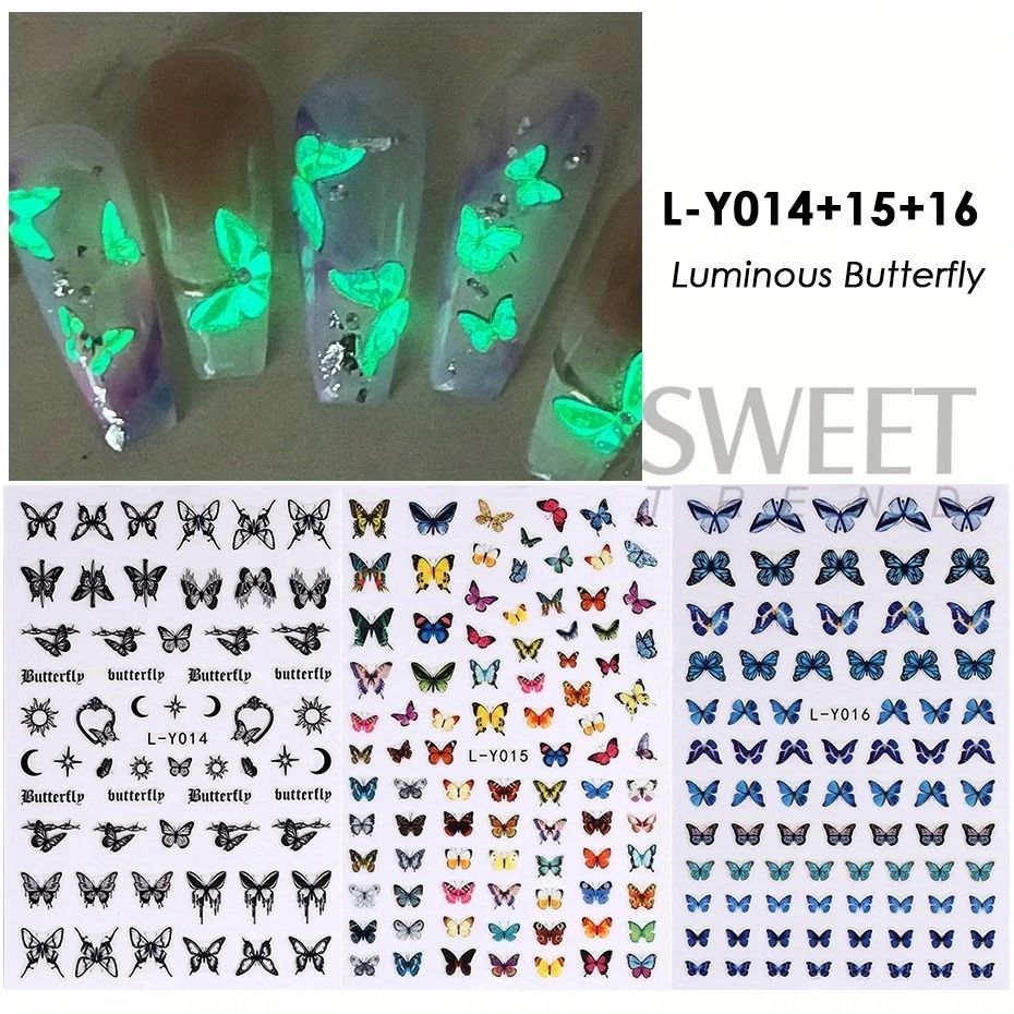 3-Piece Luminous Butterfly Nail Decal Set