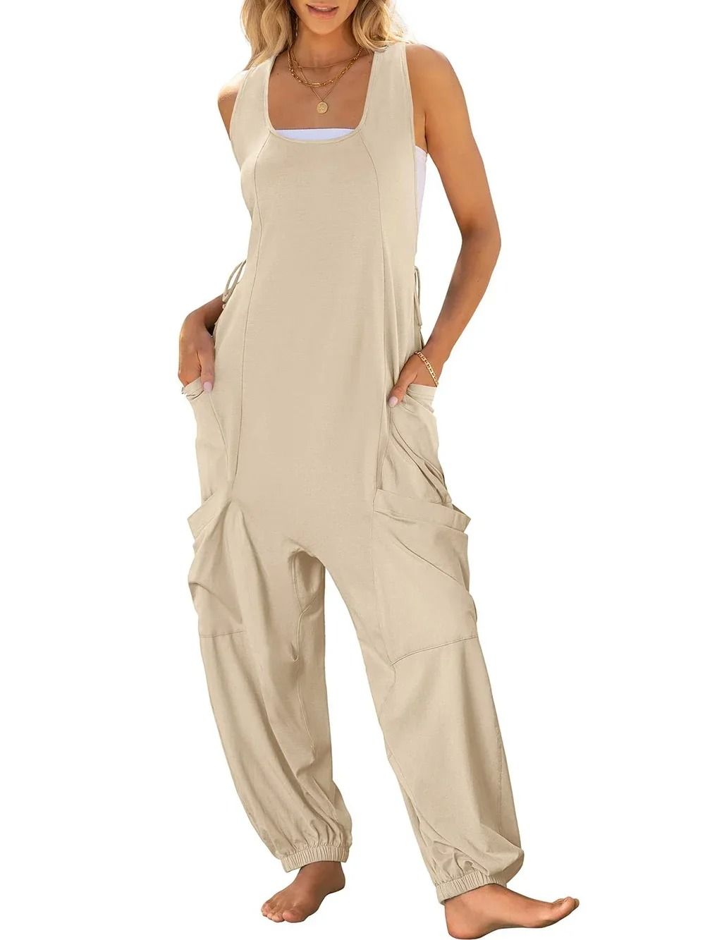 Casual Sleeveless Loose Harem Jumpsuit with Wide Leg Trousers