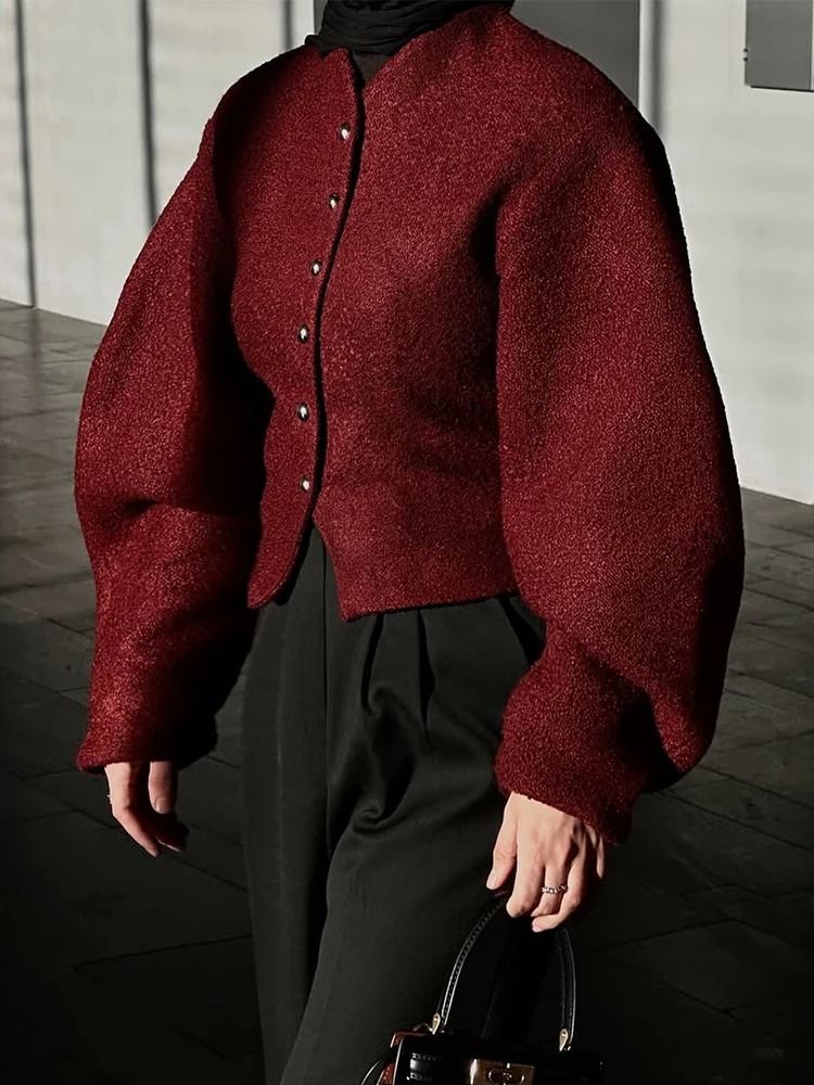 Womens Burgundy Bomber Jacket with Zipper and Stand Collar