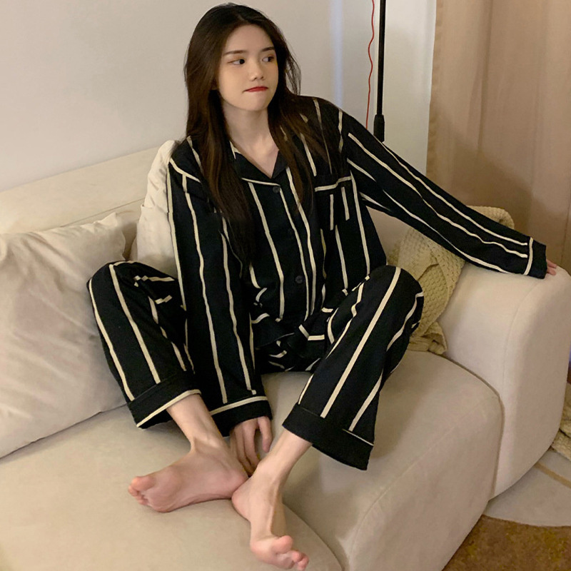 Light Luxury Ice Silk Pajamas, Womens Pajama Set, Black Vertical Stripes, Long Sleeve, Spring Autumn Nightwear Set