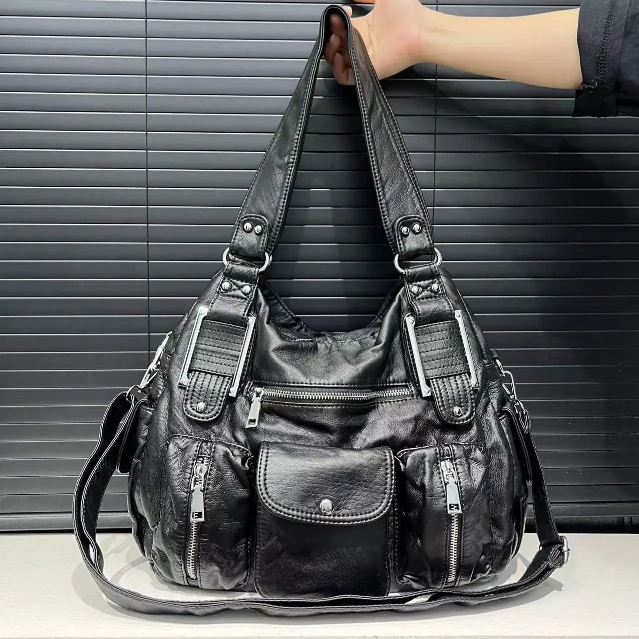 Y2K Motorcycle Multi Pocket Womens Crossbody Shoulder Bag with Lychee Pattern