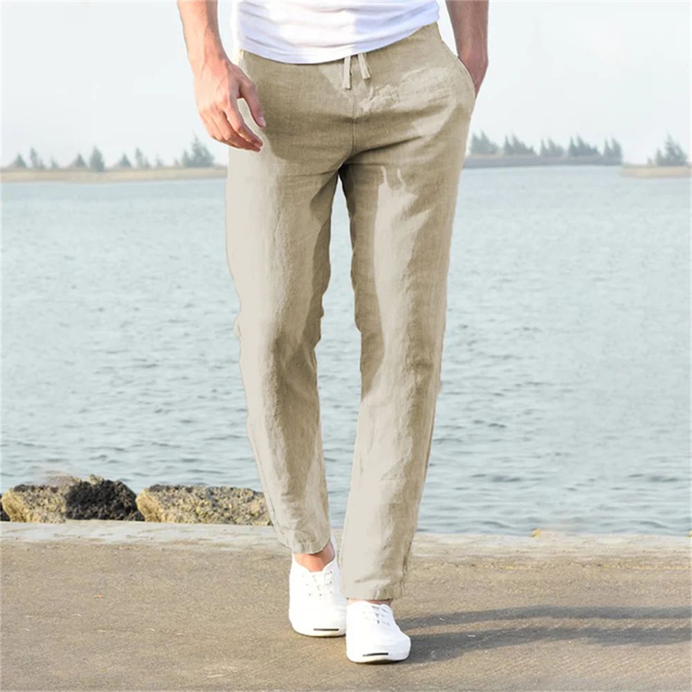 Men's Cotton Linen Breathable Straight-Leg Pants – Casual Elastic Waist Ankle-Length Streetwear Trousers