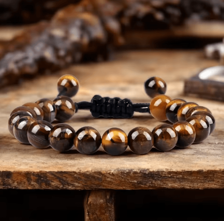 ElementGuard 8mm Natural Tiger Eye Beaded Bracelet – Adjustable Volcanic Stone, Howlite & Onyx Wristlet for Men & Women
