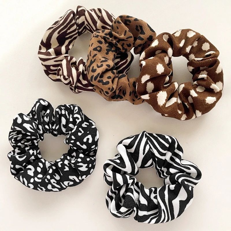 Leopard Fabric Scrunchies Set – Soft Elastic Hair Ties & Ponytail Holders (5 pcs)