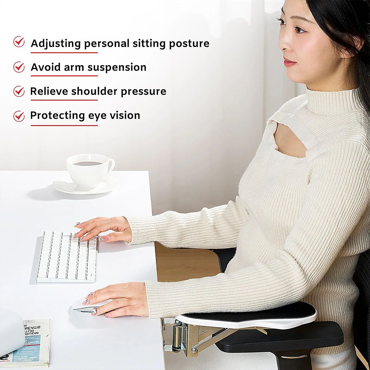 Adjustable Desk Armrest Support With Rotating Wrist Support Clamp On Desk Extension Tray