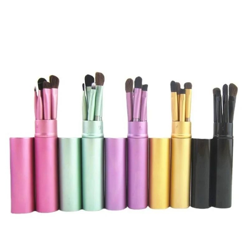 5pcs Professional Mini Travel Makeup Brush Set Portable Aluminum Cylinder Eye & Lip Tool Kit