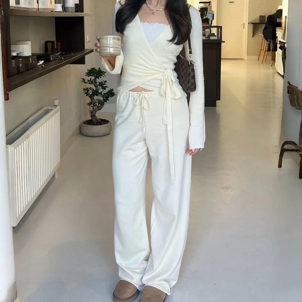 Absobe Women's Autumn Winter Knit 2-Piece Lounge Set – Flare Sleeve Crop Cardigan & Wide-Leg Pants Outfit