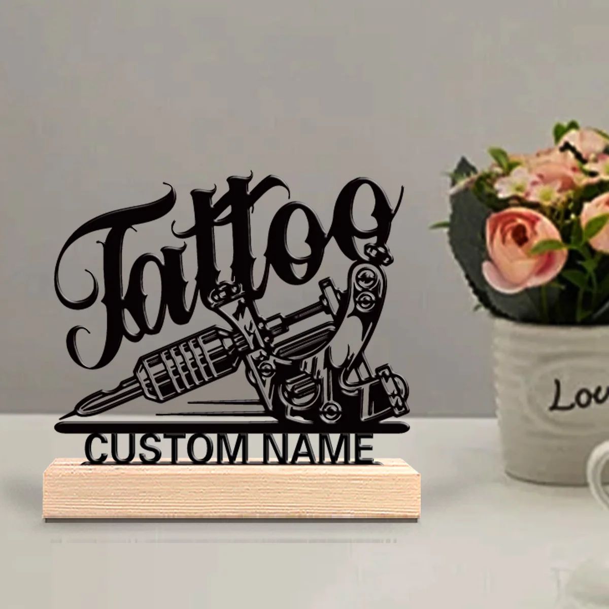 Custom Metal Tattoo Artist Figurine with Engraved Wooden Base
