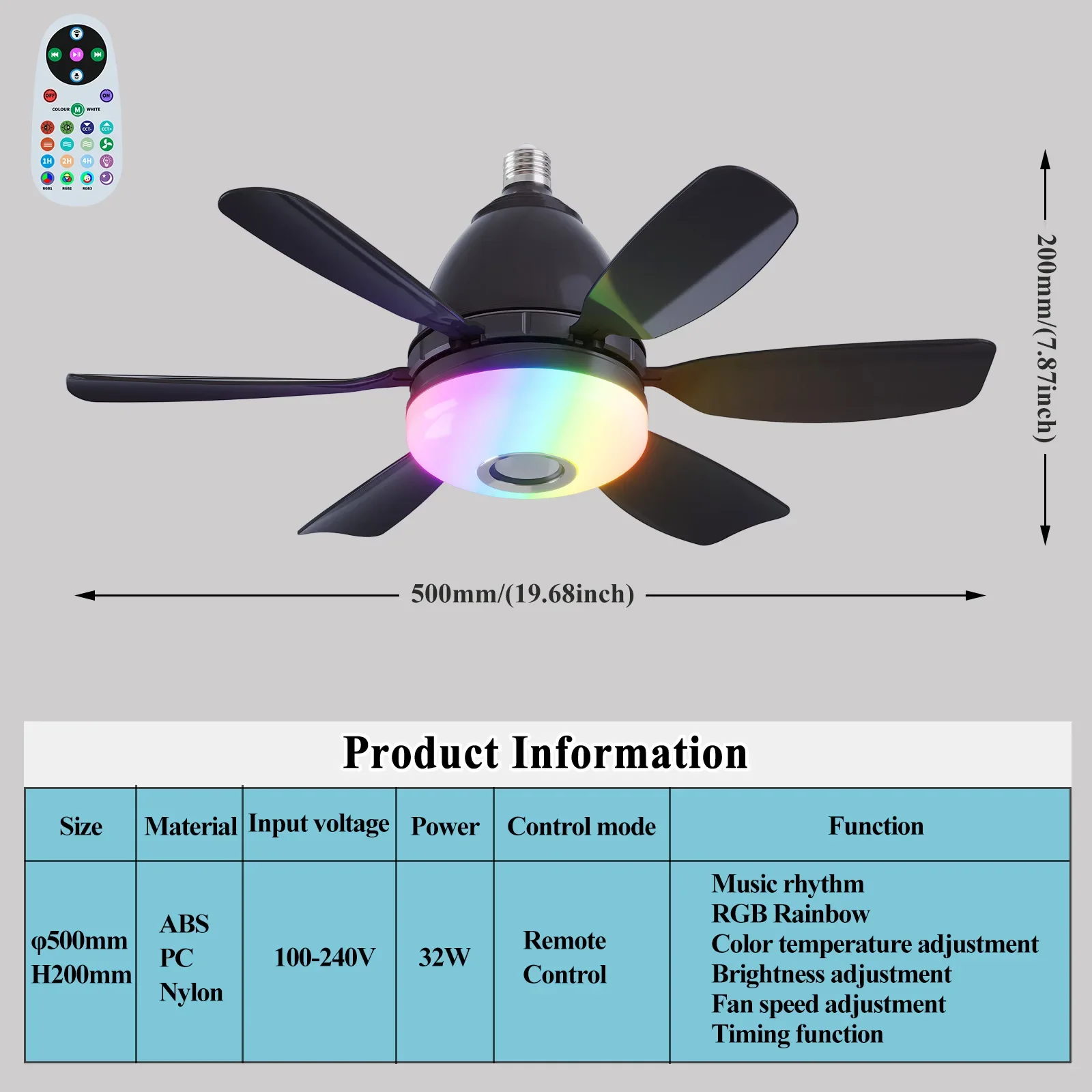 Noiseless Socket Fan Light with Remote, Small Ceiling Fans, Dimmable LED Light, Bluetooth Speaker
