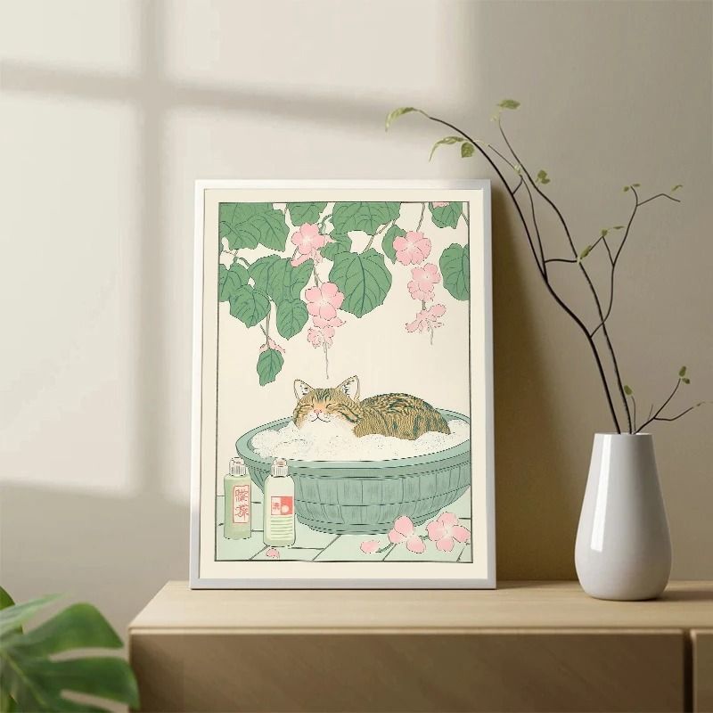 Japanese Retro Aesthetic Tabby Cat Bathroom Canvas Art