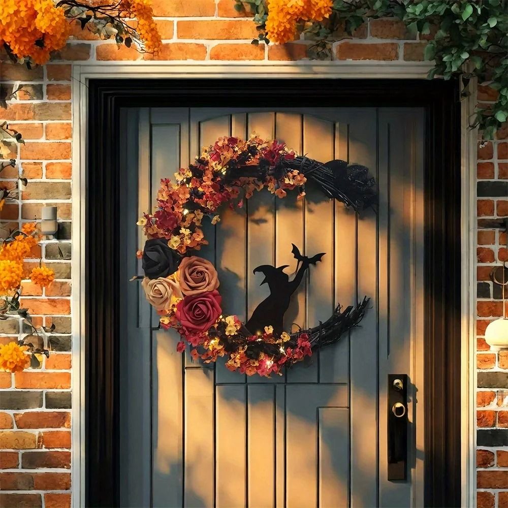 Gothic Halloween Wreath with Roses and Witch Cat Silhouette
