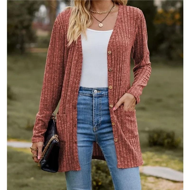 Women Long Sleeve Button V Neck Casual Cardigan Jacket