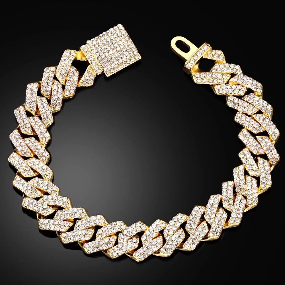 Mens Iced Out Cuban Bracelet Rhombus Design Diamond Look Chain