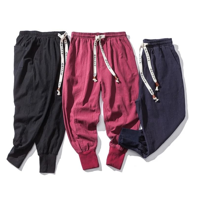 Mens Cotton Linen Harem Pants Casual Baggy Drop Crotch Joggers with Elastic Waist