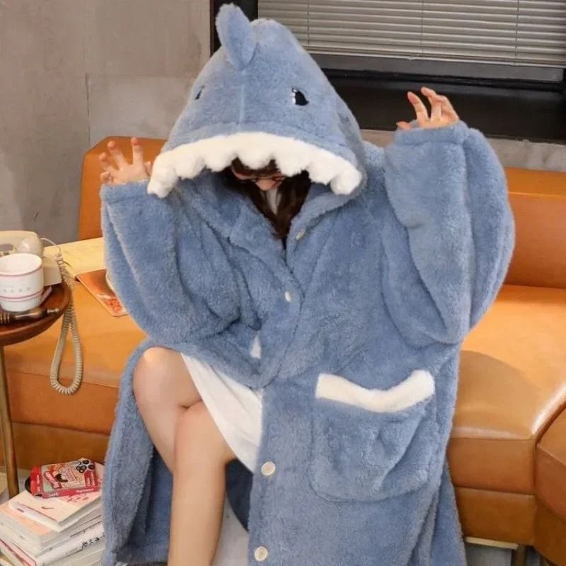 Winter Warm Fleece Shark Robe Womens One Piece Nightgown Long Sleeve Button Up Design