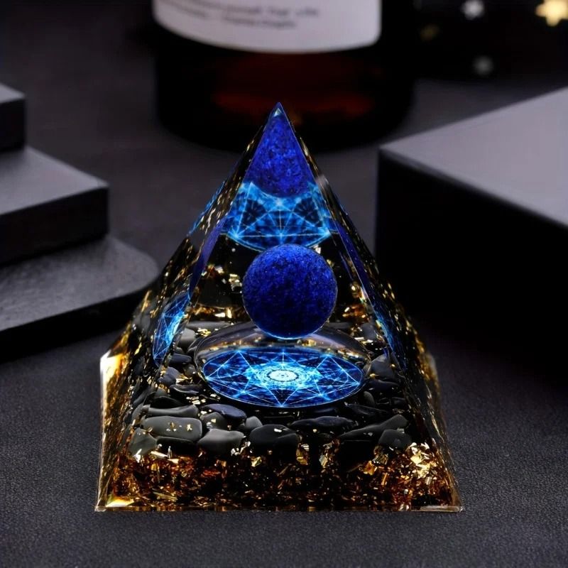 Elegant Lapis Lazuli Crystal Pyramid | Blue Geometric Orgone Decor | Golden & Black Base Healing Stone Ornament