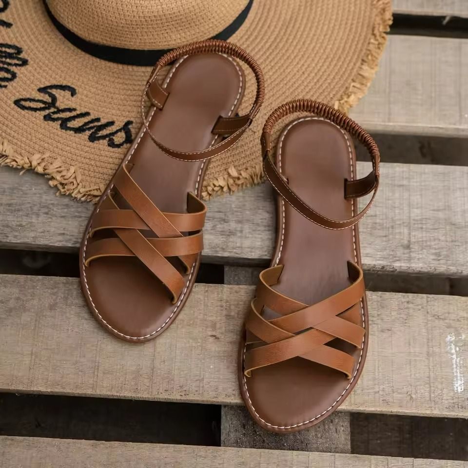 Summer Flat Roman Strap Sandals for Women with Non Slip Rubber Soles