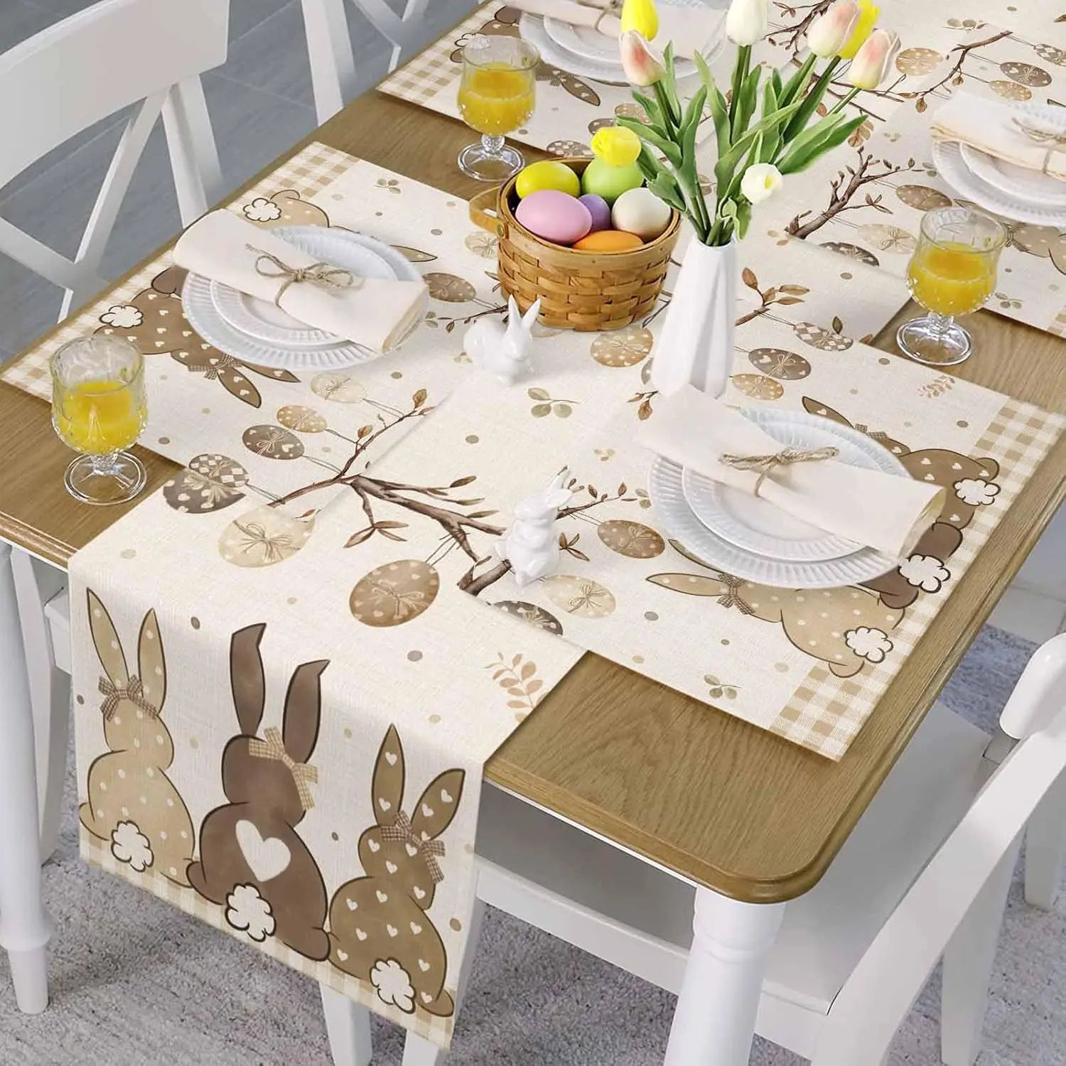 Easter Bunny Linen Table Runner – Farmhouse Spring Table Decor with Eggs for Kitchen & Dining