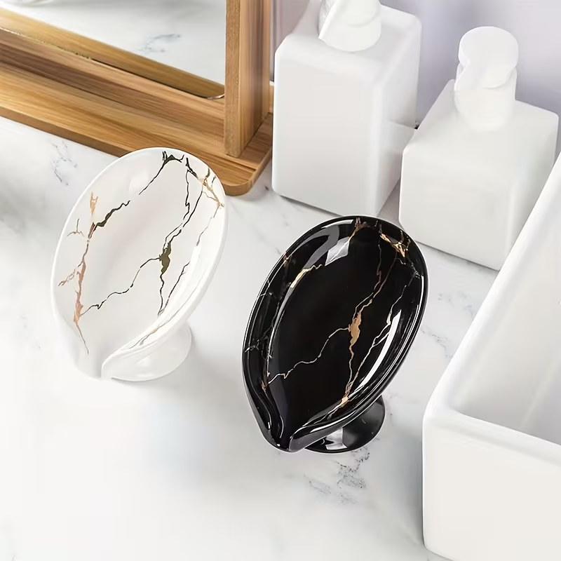 Leaf Shaped Ceramic Soap Holder Self Draining Soap Dish with Marble Finish